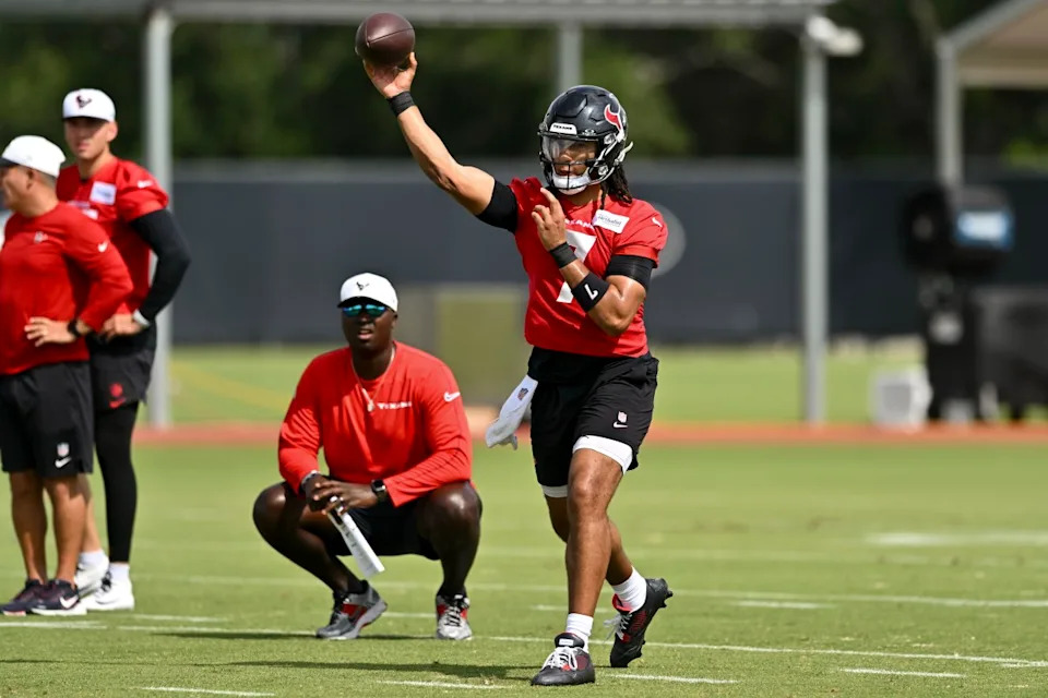 <em>Houston Texans quarterback C.J. Stroud (7) participates in a drill during an NFL football minicamp at NRG Stadium. </em>
