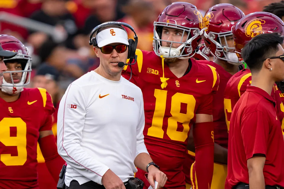 LOS ANGELES, CA - NOVEMBER 30: Lincoln Riley, Head Coach of USC Trojans Football coaching on sideline during a game between Notre Dame Fighting Irish and University of Southern California at Los Angeles Memorial Coliseum on November 30, 2024 in Los Angeles, California. (Photo by Melinda Meijer/ISI Photos/Getty Images)