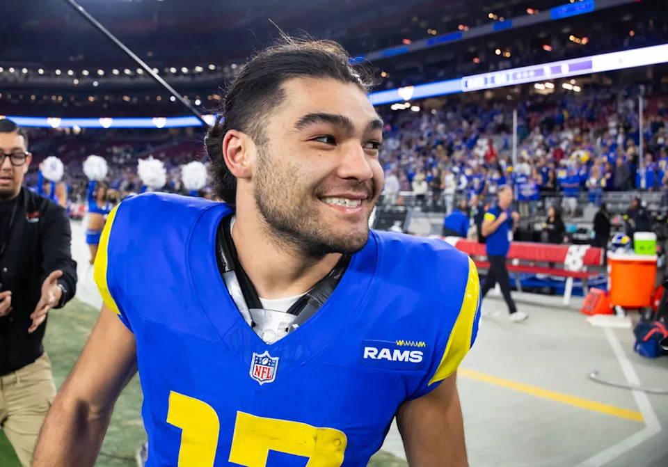 Jan 13, 2025; Glendale, AZ, USA; Los Angeles Rams wide receiver Puka Nacua (17) celebrates after defeating the Minnesota Vikings during an NFC wild card game at State Farm Stadium.Credit&colon; Mark J&period; Rebilas-Imagn Images