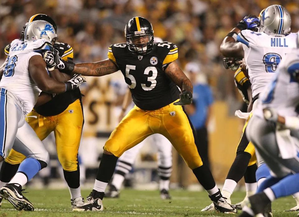 Aug 14, 2010; Pittsburgh , PA, USA; Pittsburgh Steelers center Maurkice Pouncey (53) blocks against the Detroit Lions during the first half of the game at Heinz Field in Pittsburgh, PA. Mandatory Credit: Jason Bridge-USA TODAY Sports