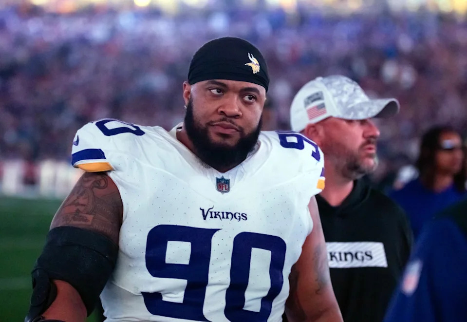 Jan 13, 2025; Glendale, AZ, USA; Minnesota Vikings defensive lineman Jonathan Bullard (90) against the Los Angeles Rams during an NFC wild card game at State Farm Stadium. Mandatory Credit: Mark J. Rebilas-Imagn Images