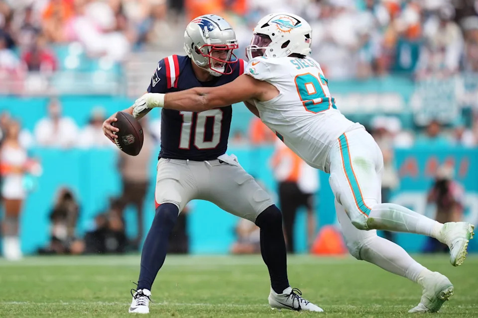 Miami Dolphins defensive tackle Zach Sieler (92) strip sacks New England Patriots quarterback Drake Maye (10) during the second half at Hard Rock Stadium. Jasen Vinlove-Imagn ImagesJasen Vinlove-Imagn Images