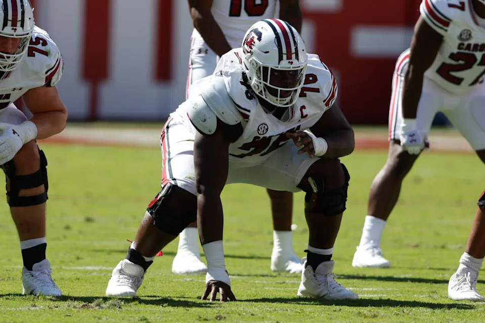 Oct 12, 2024; South Carolina Gamecocks offensive lineman Torricelli Simpkins III (76) lines up against the Alabama Crimson Tide. Mandatory Credit: Butch Dill-Imagn Images