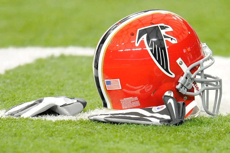 September 20, 2009; Atlanta, GA, USA; An Atlanta Falcons throwback helmet sits on the field before the game against the Carolina Panthers at the Georgia Dome. Mandatory Credit: Dale Zanine-USA TODAY Sports