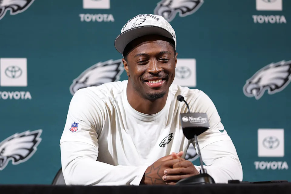 May 28, 2025; Philadelphia, PA, USA; Philadelphia Eagles cornerback Quinyon Mitchell speaks with the media during OTAs at NovaCare Complex. Mandatory Credit: Bill Streicher-Imagn Images