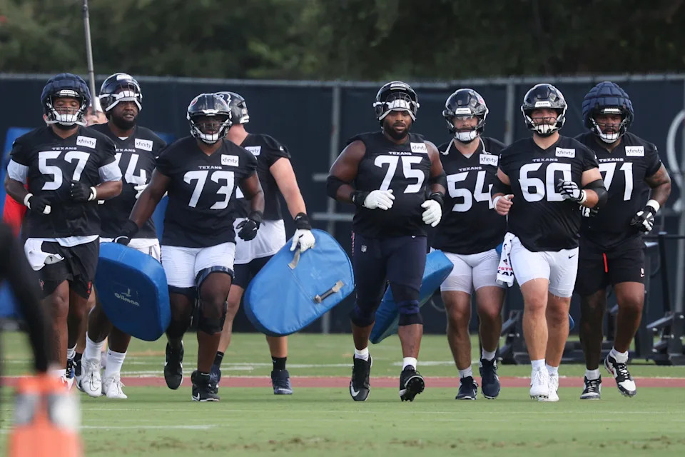 Jul 24, 2025; Houston, TX, USA; Houston Texans offensive linemen during training camp at Houston Methodist Training Center. Mandatory Credit: Troy Taormina-Imagn Images