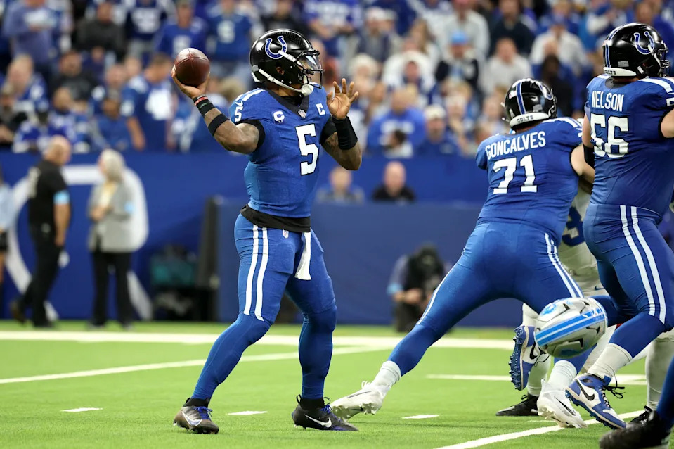 INDIANAPOLIS, INDIANA - NOVEMBER 24: Anthony Richardson #5 of the Indianapolis Colts against the Detroit Lions at Lucas Oil Stadium on November 24, 2024 in Indianapolis, Indiana. (Photo by Andy Lyons/Getty Images)