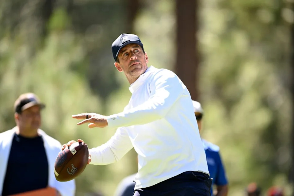 Aaron Rodgers throws a football out of the seventh tee box prior to the American Century Championship at Edgewood Tahoe Golf Course on July 10, 2025 in Stateline, Nevada. Getty Images