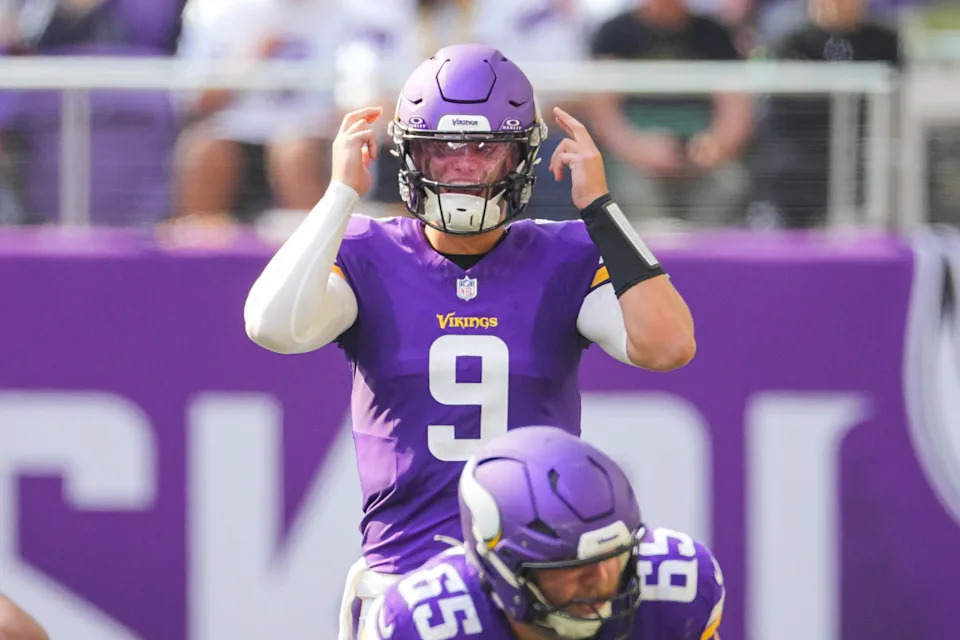 Minnesota Vikings quarterback J.J. McCarthy (9) under center against the Las Vegas Raiders in the third quarter at U.S. Bank Stadium.Brad Rempel-Imagn Images
