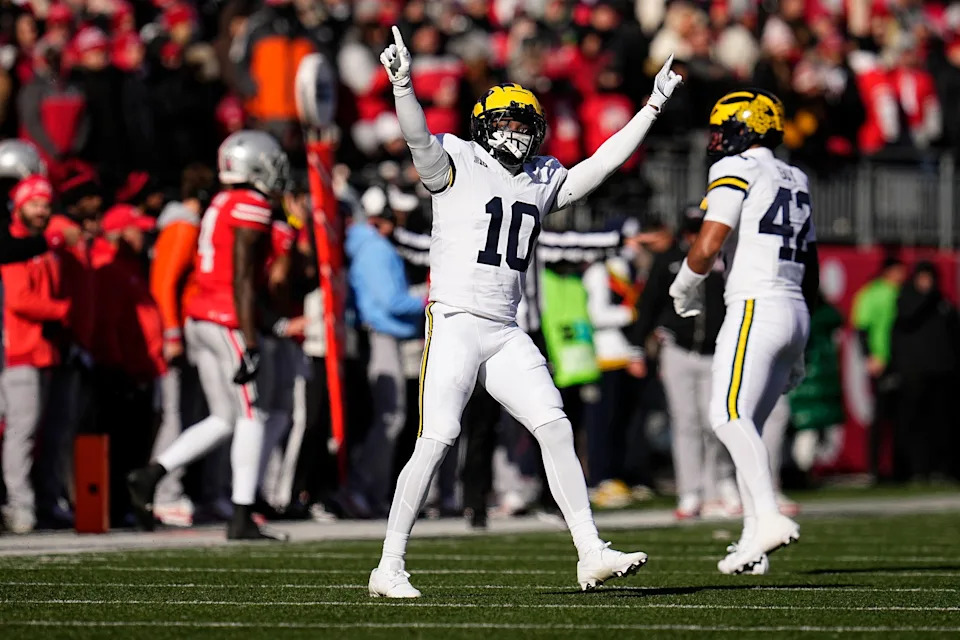 Michigan Wolverines defensive back Zeke Berry (10) celebrates during the first half of the NCAA football game against the Ohio State Buckeyes at Ohio Stadium in Columbus on Saturday, Nov. 30, 2024.