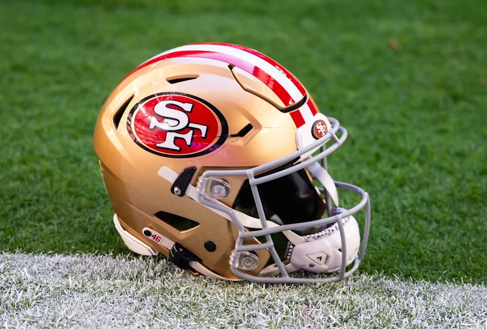 Detailed view of a San Francisco 49ers helmet at State Farm Stadium.