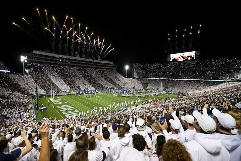 Oct 2, 2021; University Park, Pennsylvania, USA; Fireworks go off over top of Beaver Stadium as the the Indiana Hoosiers and the Penn State Nittany Lions take the field prior to the game. Mandatory Credit: Matthew OHaren-USA TODAY Sports