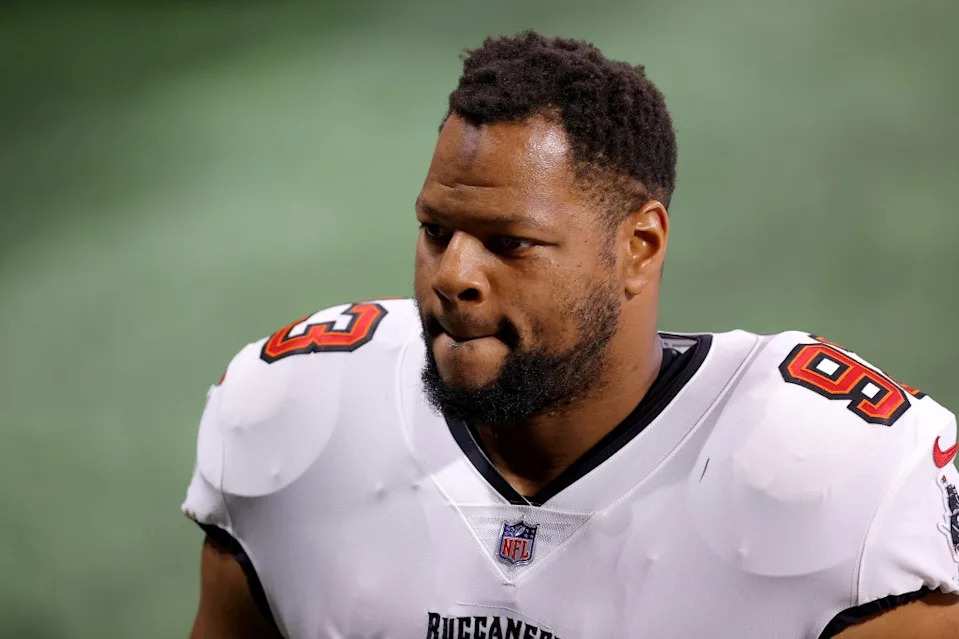 Ndamukong Suh #93 of the Tampa Bay Buccaneers looks on prior to the game against the Atlanta Falcons at Mercedes-Benz Stadium on December 20, 2020 in Atlanta, Georgia. Getty Images