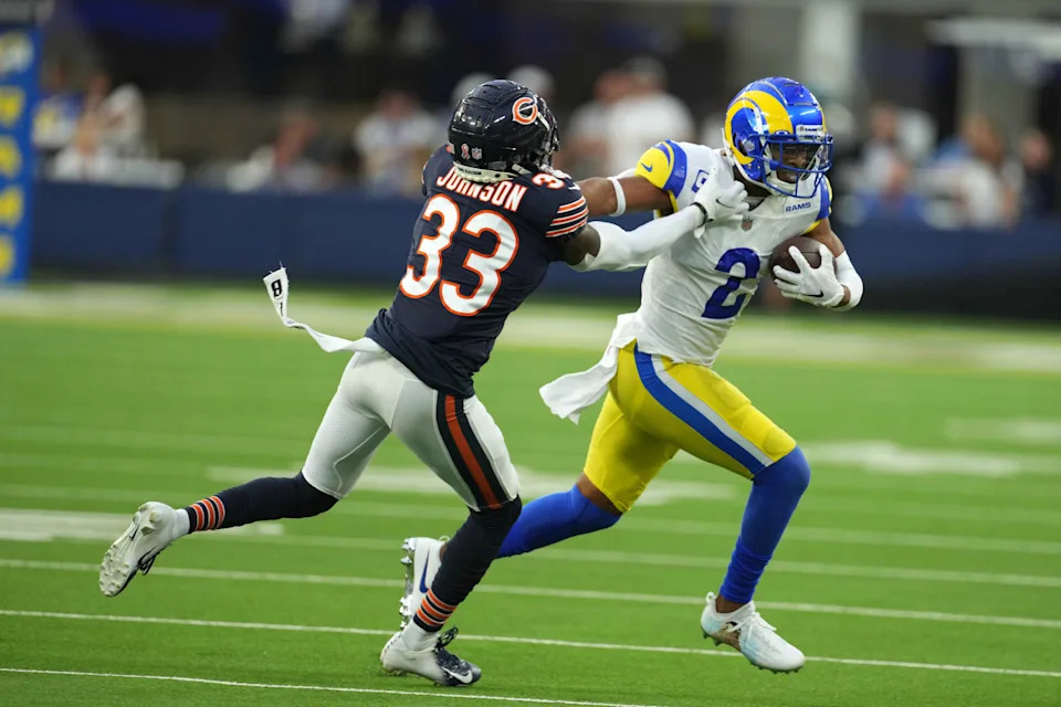 Sep 12, 2021; Inglewood, California, USA; Los Angeles Rams wide receiver Robert Woods (2) is defended by Chicago Bears cornerback Jaylon Johnson (33) in the first half at SoFi Stadium. Mandatory Credit: Kirby Lee-USA TODAY Sports