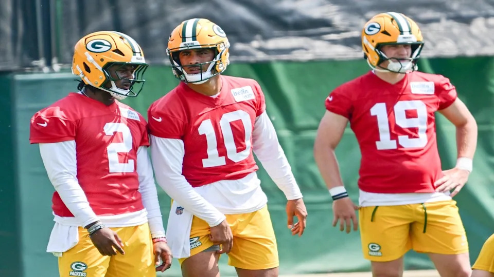 Green Bay Packers quarterbacks Malik Willis, Jordan Love, and Taylor Elgersma.Benny Sieu-Imagn Images