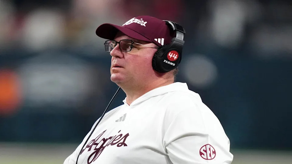 Texas A&M football head coach Mike Elko reacts mid-game.Kirby Lee&sol;Imagn Images