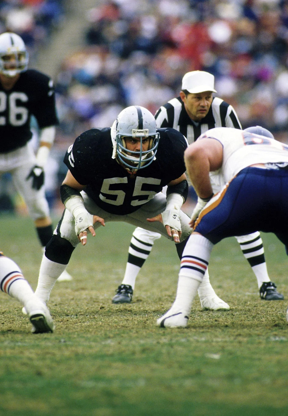 Dec 27, 1987; Los Angeles, CA, USA; FILE PHOTO; Los Angeles Raiders linebacker Matt Millen (55) in action against the Chicago Bears at Los Angeles Memorial Coliseum. Mandatory Credit: USA TODAY Sports