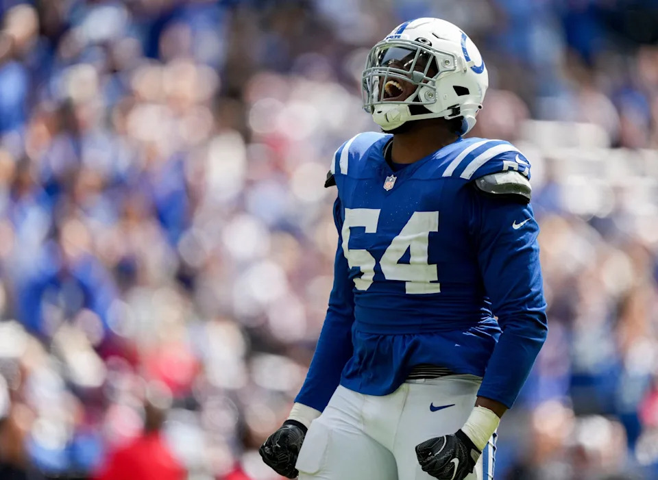 Indianapolis Colts defensive end Dayo Odeyingbo (54) reacts after sacking Houston Texans quarterback C.J. Stroud (7) on Sunday, Sept. 8, 2024, during a game against the Houston Texans at Lucas Oil Stadium in Indianapolis.