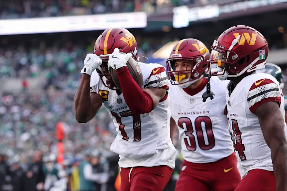 Washington Commanders wide receiver Terry McLaurin (17) reacts after a play against the Philadelphia Eagles.Bill Streicher-Imagn Images