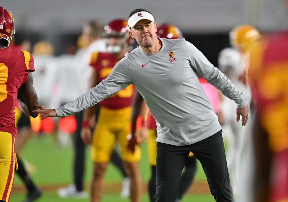 Oct 1, 2022; Los Angeles, California, USA; USC Trojans head coach Lincoln Riley walks on the field before a game against the Arizona State Sun Devils at United Airlines Field at the Los Angeles Memorial Coliseum. Mandatory Credit: Jayne Kamin-Oncea-USA TODAY Sports