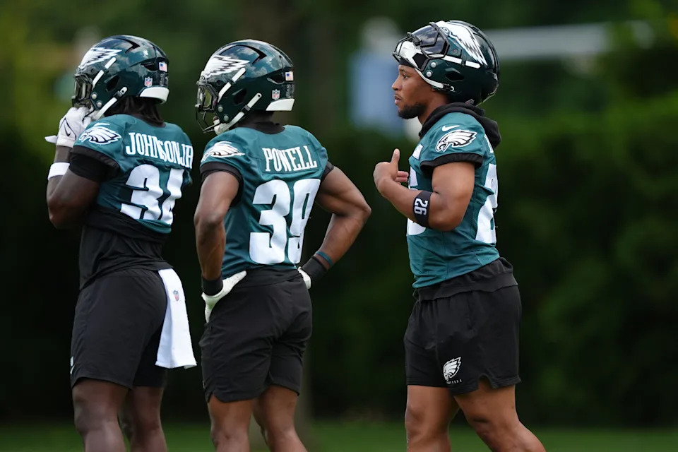 Jun 10, 2025; Philadelphia, PA, USA; Philadelphia Eagles running back Saquon Barkley (26) looks on during a practice drill at NovaCare Complex. Mandatory Credit: Kyle Ross-Imagn Images