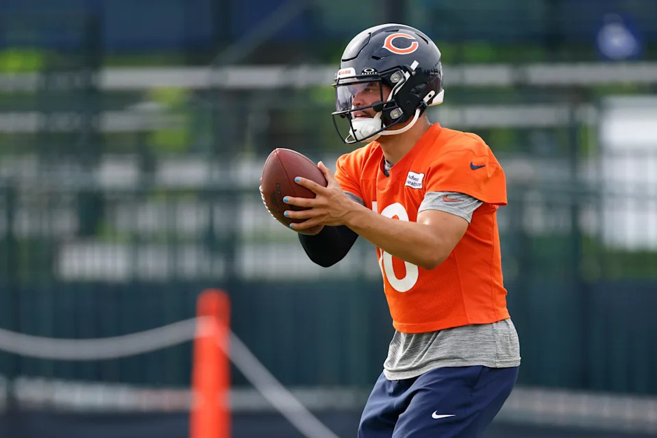 Jul 24, 2025; Lake Forest, IL, USA; Chicago Bears quarterback Caleb Williams (18) looks to pass the ball during training camp at Halas Hall. Mandatory Credit: Kamil Krzaczynski-Imagn Images