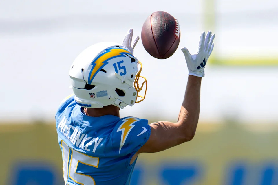 Los Angeles Chargers wide receiver Ladd McConkey catches a pass during training camp for the NFL football team Thursday, July 17, 2025, in El Segundo, Calif. (AP Photo/Eric Thayer)