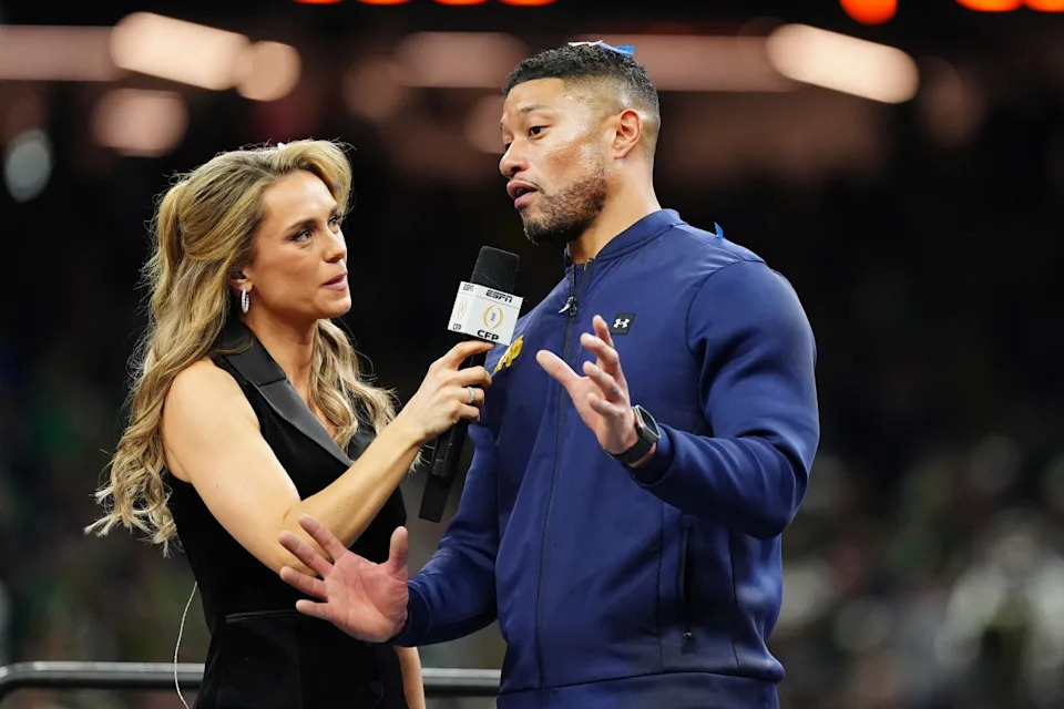 NEW ORLEANS, LA - JANUARY 02: Coach Marcus Freeman of the Notre Dame Fighting Irish is interviewed by ESPN announcer Molly McGrath on stage in the trophy presentation during the Notre Dame Fighting Irish versus the Georgia Bulldogs College Football Playoff Quarterfinal at the Allstate Sugar Bowl on January 2, 2025, at the Caesars Superdome in New Orleans, Louisiana. (Photo by Brian Spurlock/Icon Sportswire via Getty Images)Icon Sportswire&sol;Getty Images