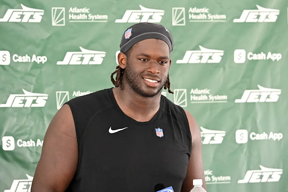 Jets offensive tackle Olu Fashanu speaks to the media after practice at training camp in Florham Park, NJ. Bill Kostroun/New York Post