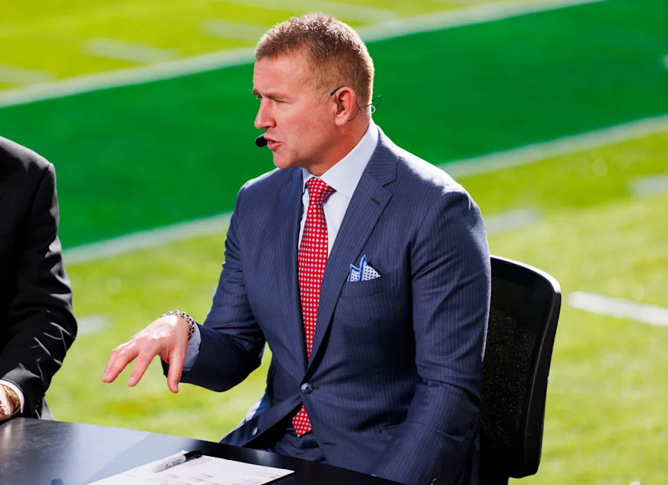 PASADENA, CALIFORNIA - JANUARY 1: Kirk Herbstreit of ESPN College GameDay speaks on set before the Rose Bowl between Ohio State Buckeyes and Oregon Ducks at Rose Bowl Stadium on January 1, 2025 in Pasadena, California. (Photo by Ric Tapia/Getty Images)Ric Tapia&sol;Getty Images