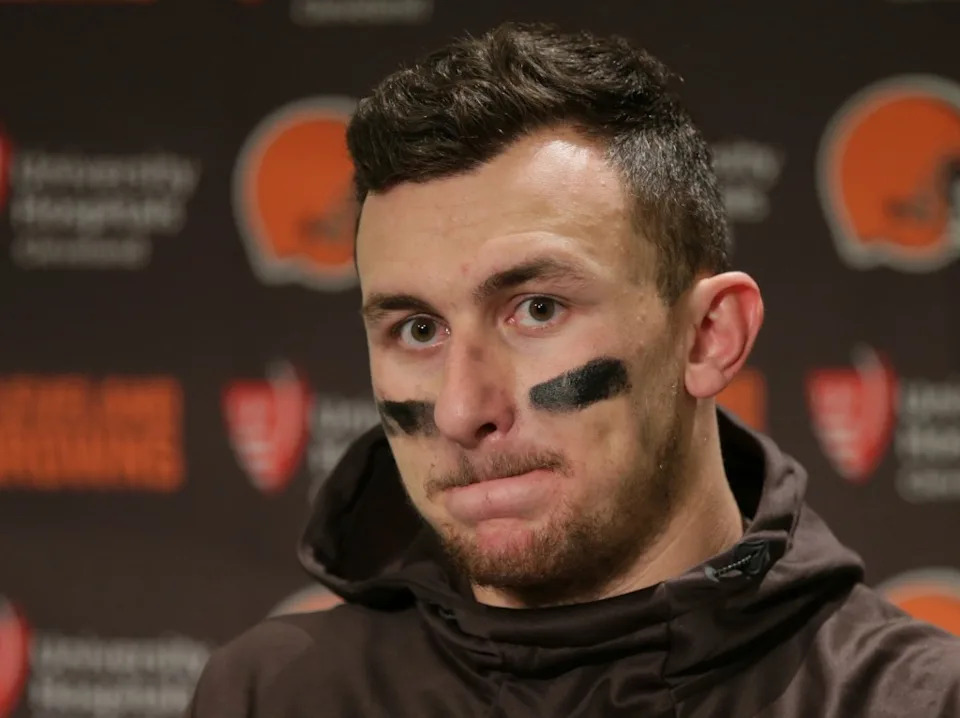 Manziel at a press conference after a 2016 Browns loss to the Seahawks AP