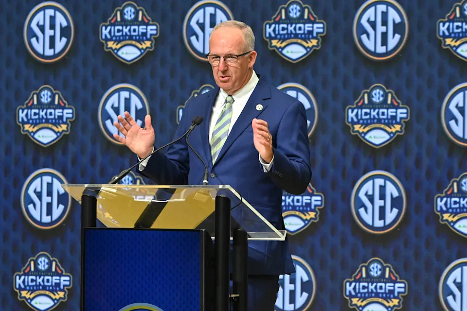 ATLANTA, GA - JULY 14: SEC Commissioner Greg Sankey addresses the media during SEC Football Media Days on July 14, 2025, at the College Football Hall of Fame in Atlanta, GA. (Photo by Jeffrey Vest/Icon Sportswire via Getty Images)