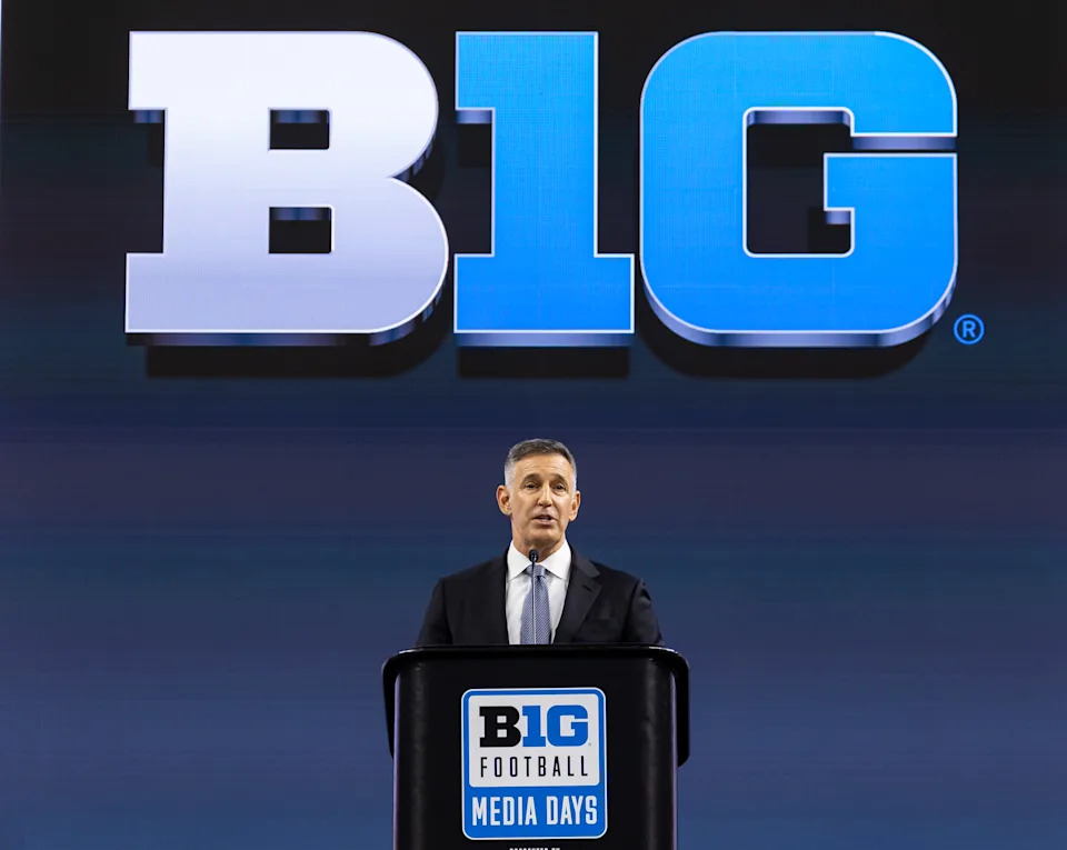 INDIANAPOLIS, INDIANA - JULY 23: Big Ten Conference Commissioner Tony Petitti speaks to the media during Big Ten football media days at Lucas Oil Stadium on July 23, 2024 in Indianapolis, Indiana. (Photo by Michael Hickey/Getty Images)