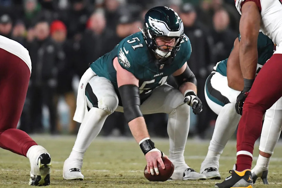 Jan 26, 2025; Philadelphia, PA, USA; Philadelphia Eagles center Cam Jurgens (51) against the Washington Commanders in the NFC Championship game at Lincoln Financial Field. Mandatory Credit: Eric Hartline-Imagn Images