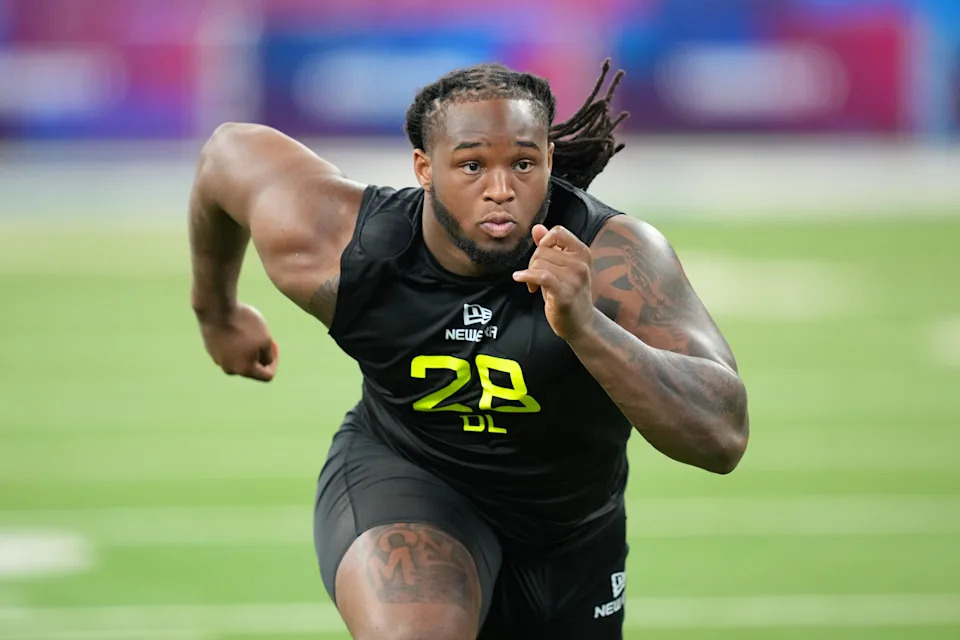 Feb 27, 2025; Indianapolis, IN, USA; Maryland defensive lineman Jordan Phillips (DL28) participates in drills during the 2025 NFL Combine at Lucas Oil Stadium. Mandatory Credit: Kirby Lee-Imagn Images
