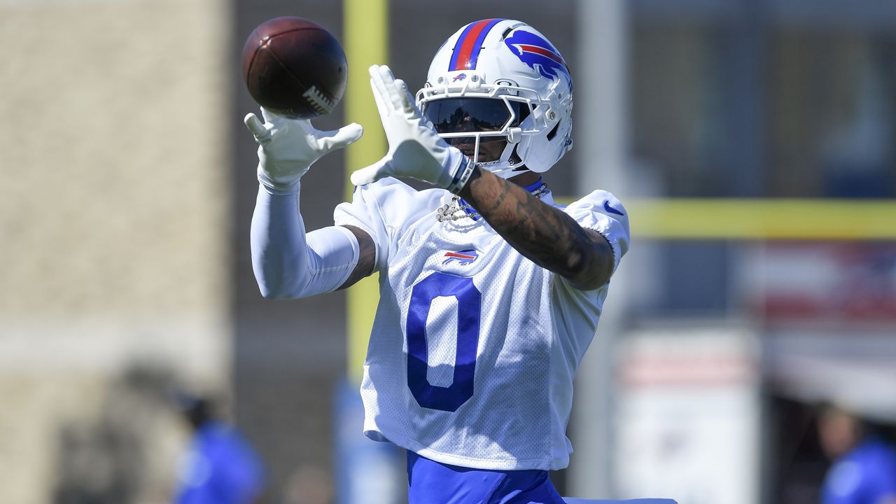 Buffalo Bills wide receiver Keon Coleman (0) catches a ball during practice at the team's NFL football training camp, Wednesday, July 23, 2025, in Pittsford, N.Y. (AP Photo/Adrian Kraus)