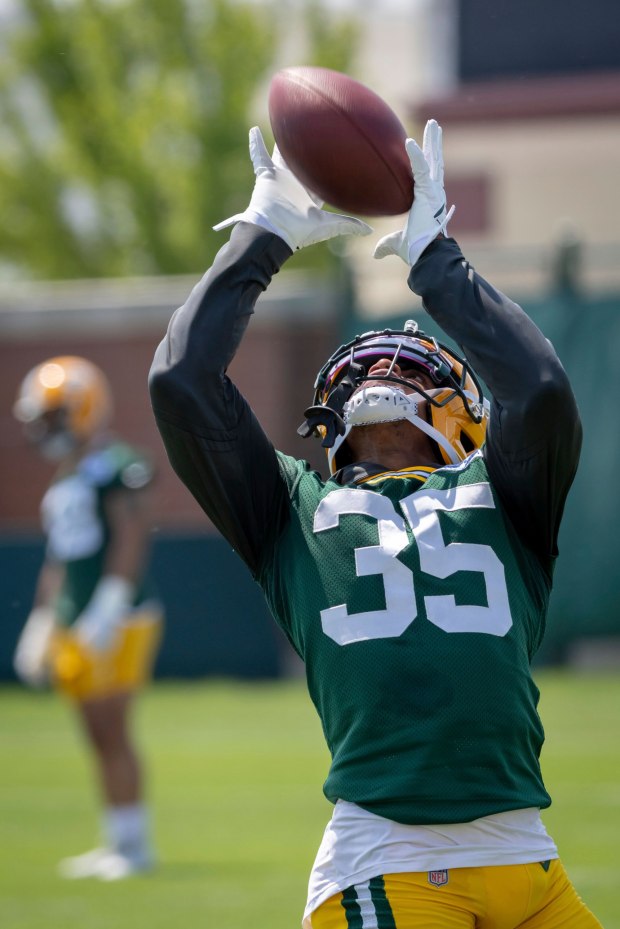 Green Bay Packers safety Kahzir Brown (35) during practice at NFL football minicamp, Wednesday, June 11, 2025, in Green Bay, Wis. (AP Photo/Mike Roemer)