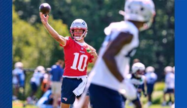 New England Patriots quarterback Drake Maye throws a pass during practice at the team's NFL football training camp, Wednesday, July 23, 2025, in Foxborough, Mass. (AP Photo/Charles Krupa)