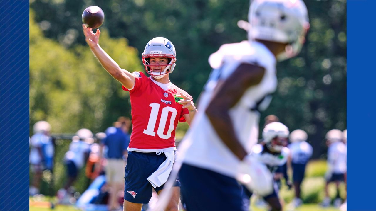 New England Patriots quarterback Drake Maye throws a pass during practice at the team's NFL football training camp, Wednesday, July 23, 2025, in Foxborough, Mass. (AP Photo/Charles Krupa)