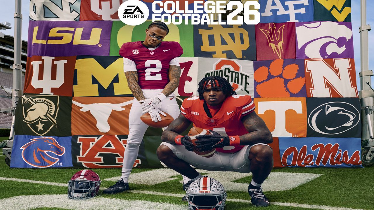 This image provided by EA Sports shows NCAA college football players Alabama's Ryan Williams, left, and Ohio State's Jeremiah Smith on the cover of EA Sports College Football 26 standard edition.