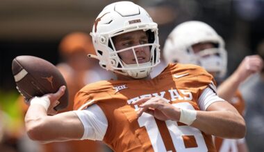 Texas quarterback Arch Manning (16) warms up before an NCAA college football game against Rice in Austin, Texas, Saturday, Sept. 2, 2023. (AP Photo/Eric Gay)