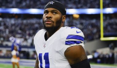 Dallas Cowboys linebacker Micah Parsons looks into the stands before an NFL football game against the Baltimore Ravens, Sept. 22, 2024 in Arlington, Texas. (AP Photo/Gareth Patterson)