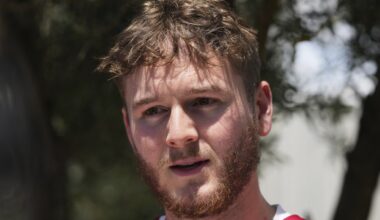 Miami Dolphins quarterback Quinn Ewers is interviewed during the NFL football team's rookie minicamp Friday, May 9, 2025, in Miami Gardens, Fla. (AP Photo/Lynne Sladky)