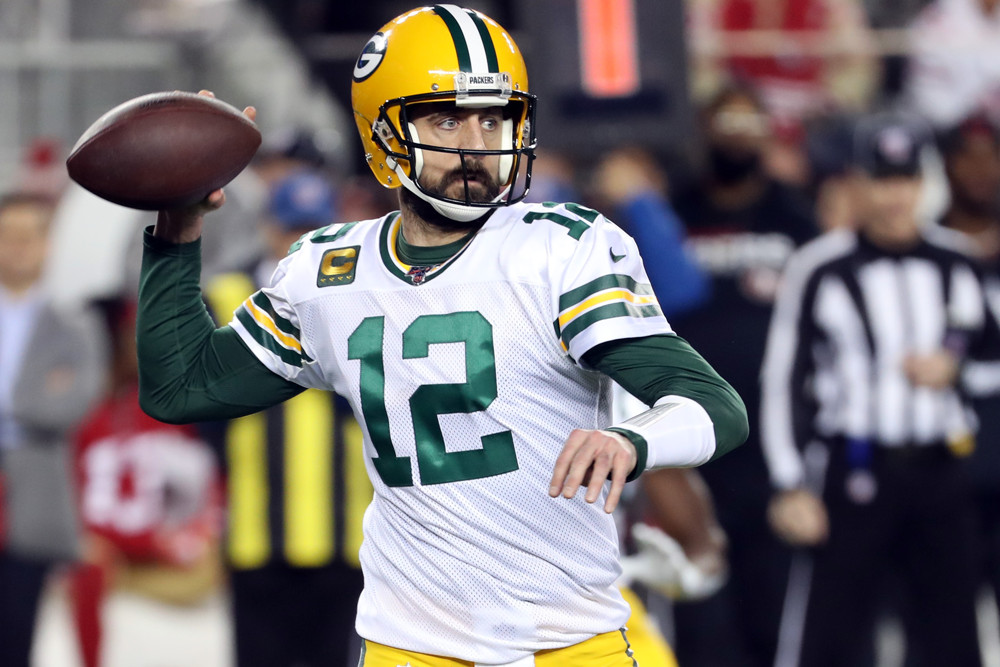 SANTA CLARA, CA - JANUARY 19: Green Bay Packers Quarterback Aaron Rodgers (12) throws a pass during an NFC Conference Championship game between the San Francisco 49ers and the Green Bay Packers on January 19, 2020, at Levi's Stadium in Santa Clara, California. (Photo by Kiyoshi Mio/Icon Sportswire)