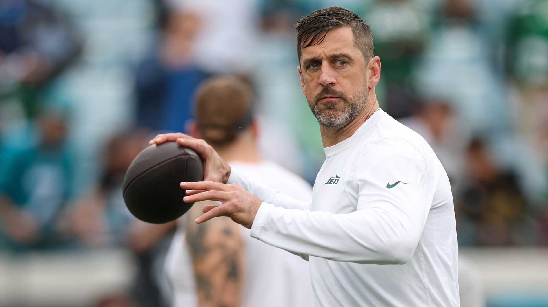 Dec 15, 2024; Jacksonville, Florida, USA; New York Jets quarterback Aaron Rodgers (8) warms up before a game against the Jacksonville Jaguars at EverBank Stadium. Mandatory Credit: Nathan Ray Seebeck-Imagn Images