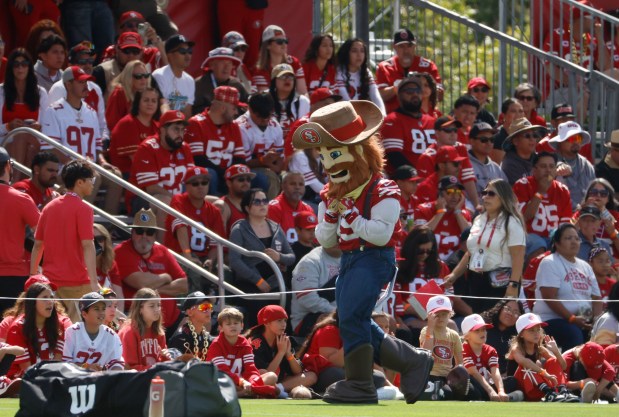 San Francisco 49ers mascot Sourdough Sam walks past fans during practice at the 49ers training camp at the practice facility at Levi's Stadium in Santa Clara, Calif., on Wednesday, July 23, 2025. (Nhat V. Meyer/Bay Area News Group)