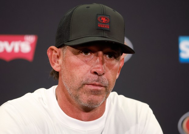 San Francisco 49ers head coach Kyle Shanahan speaks to the media after the first day of training camp at Levi's Stadium in Santa Clara, Calif., on Wednesday, July 23, 2025. (Nhat V. Meyer/Bay Area News Group)