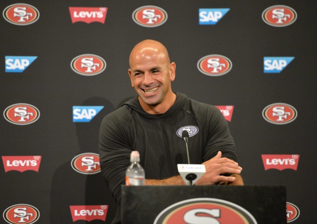 San Francisco 49ers Defensive Coordinator Robert Saleh speaks to the media after the second day of training campat the 49ers training camp at the practice facility at Levi's Stadium in Santa Clara, Calif., on Thursday, July 24, 2025. (Doug Duran/Bay Area News Group)