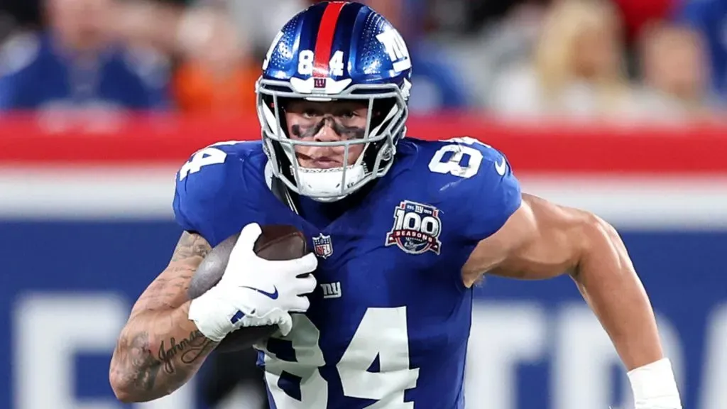 Theo Johnson #84 of the New York Giants in action against the Cincinnati Bengals at MetLife Stadium on October 13, 2024 in East Rutherford, New Jersey.