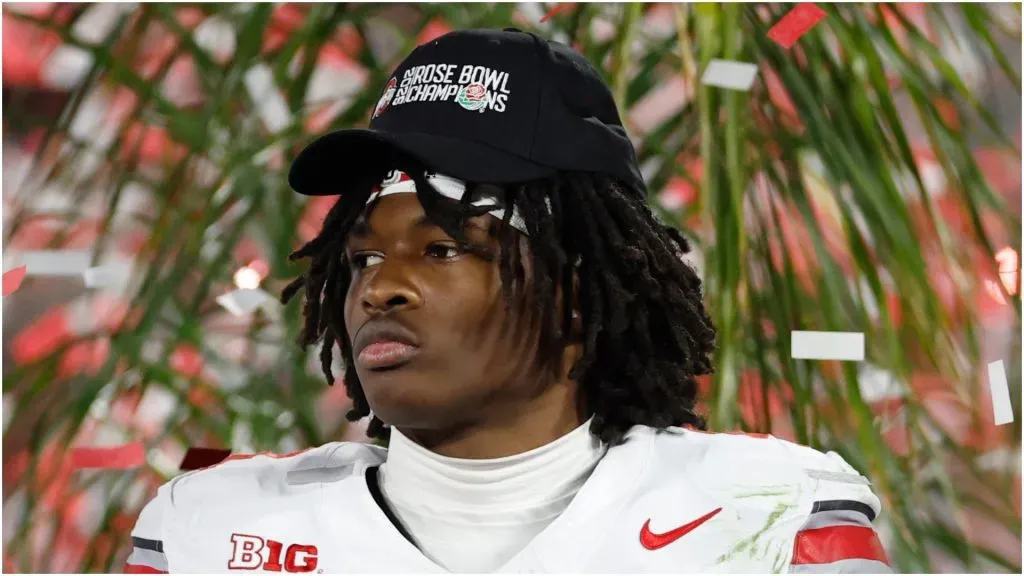 Jeremiah Smith #4 of the Ohio State Buckeyes looks on after defeating the Oregon Ducks 41-21 in the Rose Bowl Game Presented by Prudential at Rose Bowl Stadium on January 01, 2025 in Pasadena, California.